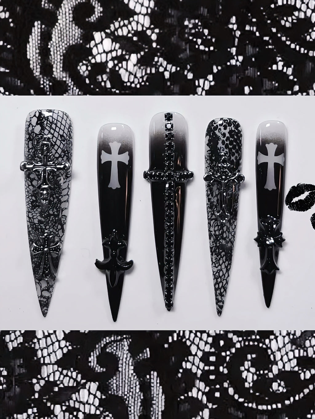Handmade Stiletto Press‑on Nails ｜Black & White Angel