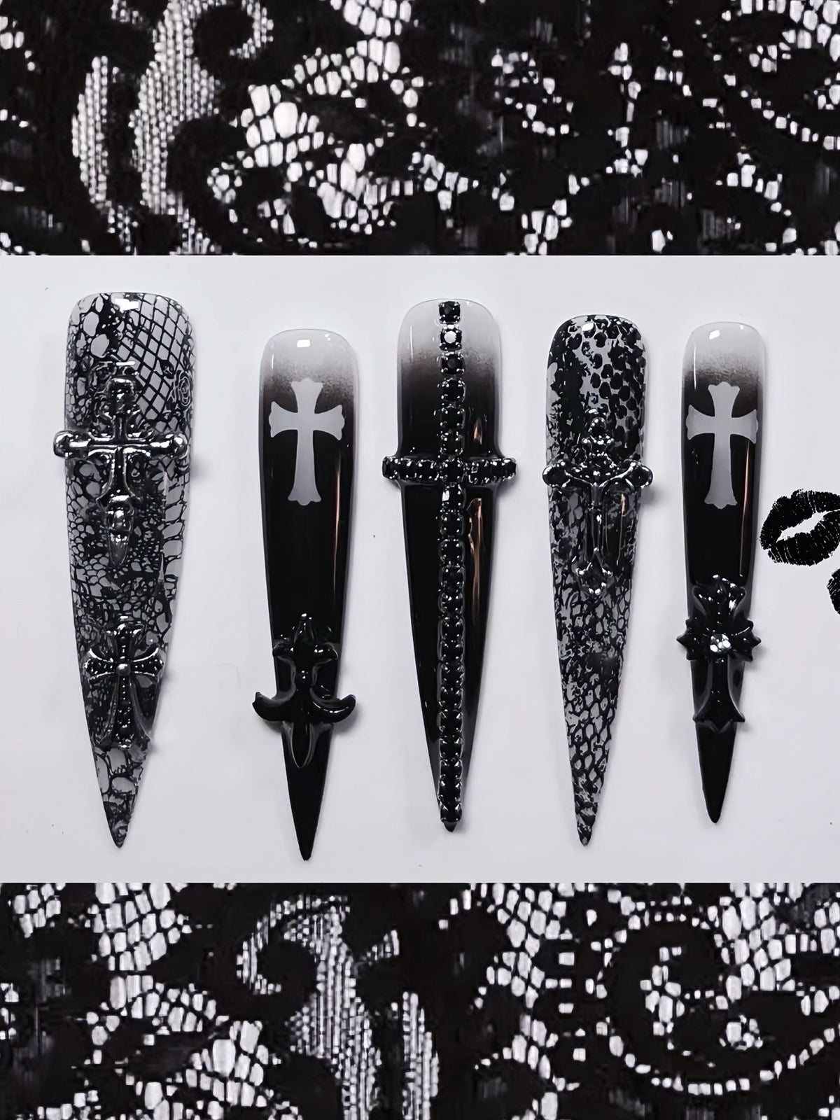 Handmade Stiletto Press‑on Nails ｜Black & White Angel