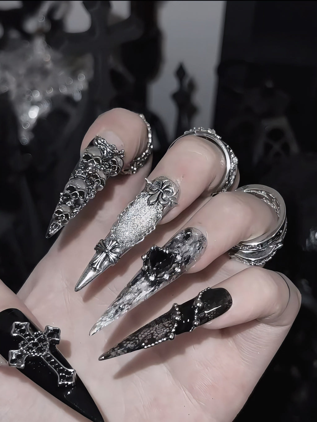 Handmade Stiletto Press‑on Nails｜ Dark Specter